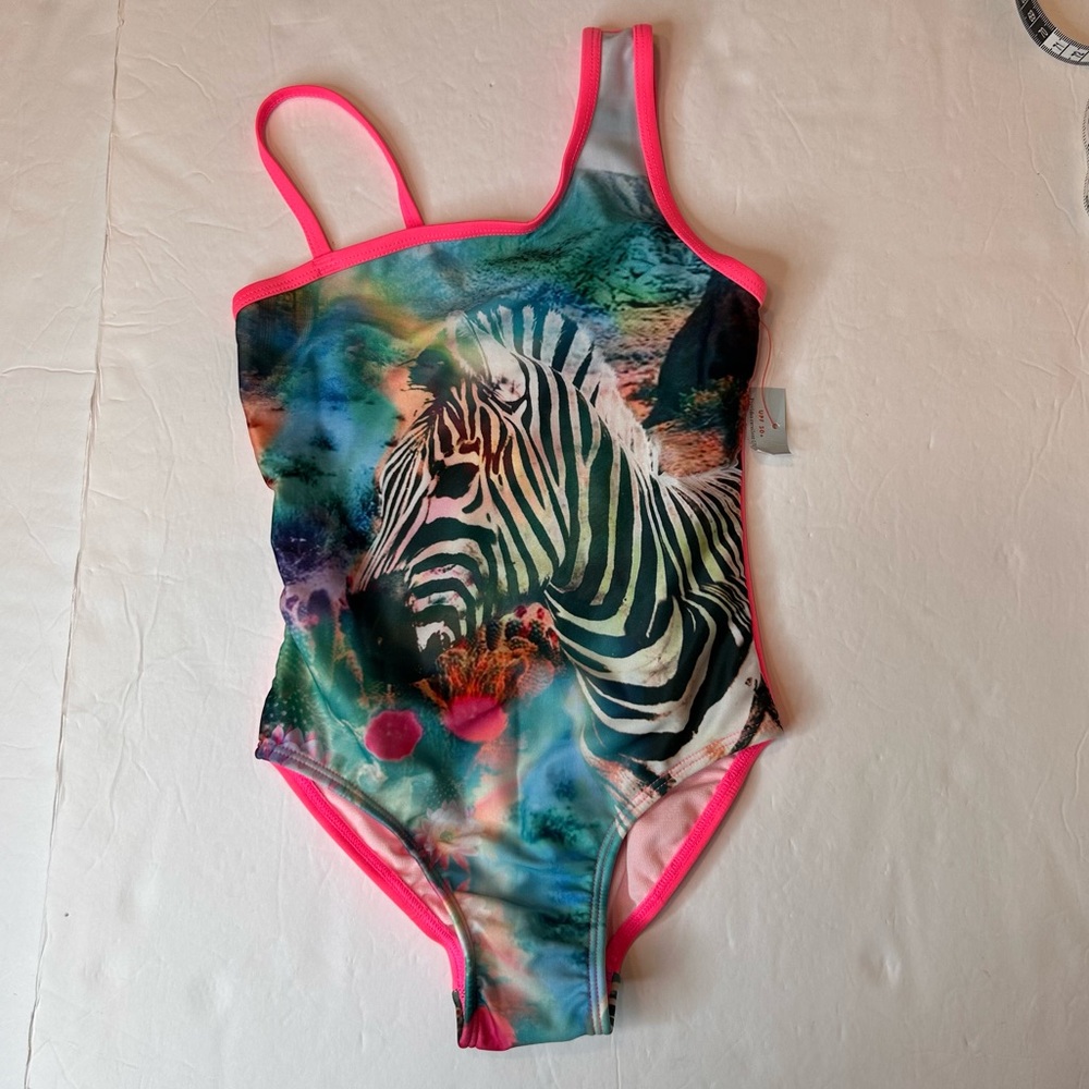NWT Cat &Jack Zebra One-Piece Girl’s Bathsuits Swimsuit Multicolor Pink Teal 4/5